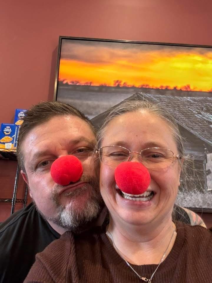 Steve and Sheri wearing red clown noses